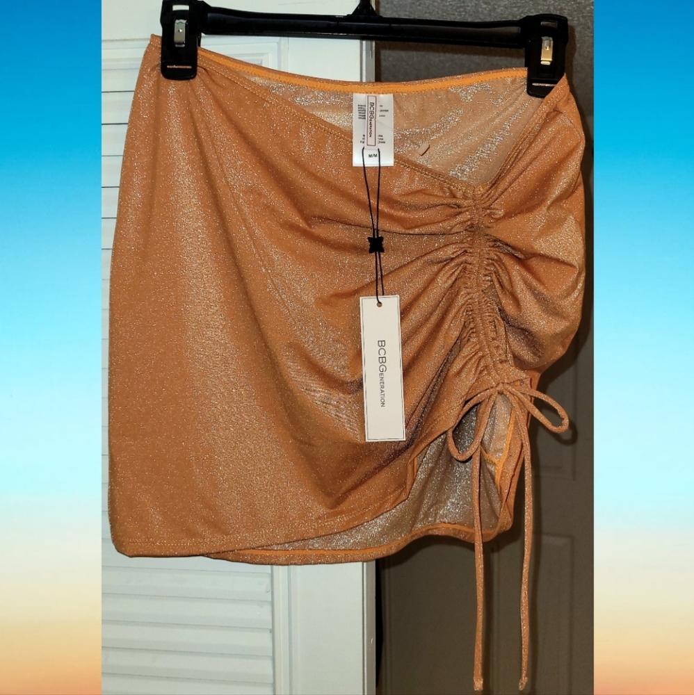 BCBGeneration | GoldNRod Glitter Copper Swim Cover Up Ruched Skirt Medium NWT
